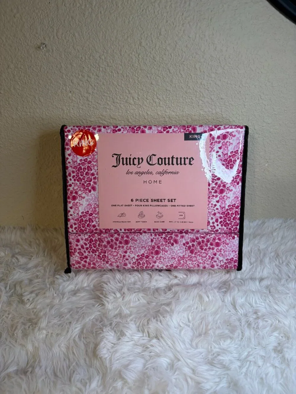 Juicy Couture King Sheet Set Pink Leopard Cheetah 6 Piece Logo Bedding NWT